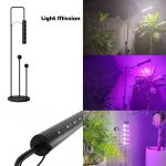 چراغ رشد گیاه لایت میژن مدل Arman 20 وات .که در تصویر در کنار گلدان در حالت نوری بنفش فول اسپکتروم نچرل فول اسپکتروم و دورنگ نشان داده شده است . و در کنار تصویر نمای نزدیک اتصال چراغ به مجیک هولدر لایت میژن قابل مشاهده است.