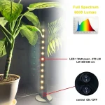 لامپ پایه دار رشد گیاه لایت میژن مدل سان وار 22 وات با رنگ نوری نچرال کنار گلدان بهمراه نمودار طیف نوری و نمایش کلیدهای بدنه